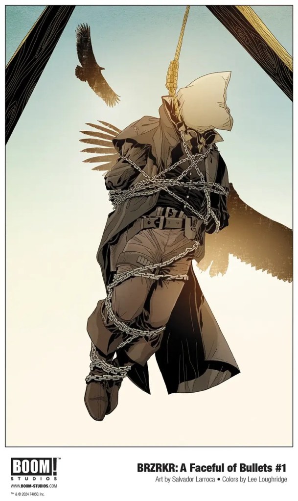 A man with a bag over his head swings from a noose with chains around his body. Black birds can be seen circling above through the glow of the sun.