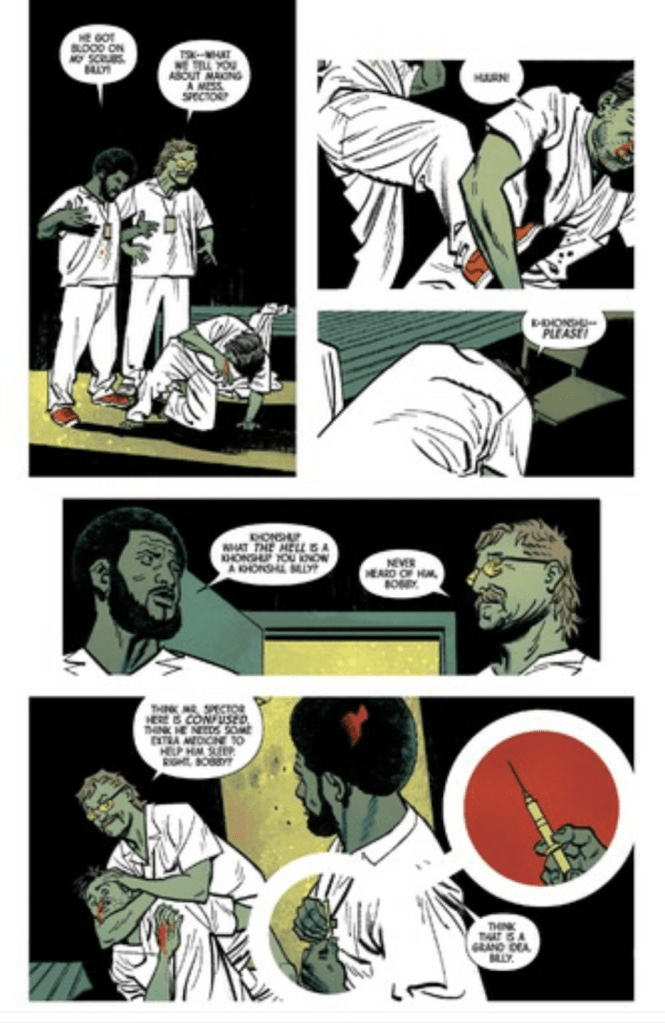 A page from Moon Knight Issue #1 where the main character is drugged by two of the attendees of the psych ward, Billy and Bobby.
