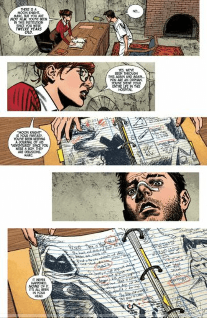 A page from Moon Knight #1 where Marc meets with his therapist and she reveals to him that everything that he thinks he is in regards to Moon Knight is just his imagination.