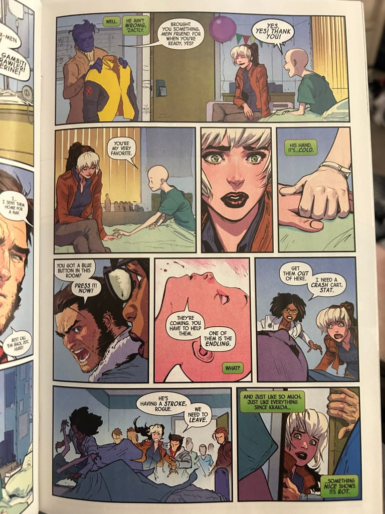 A comic book page with various panels showing characters in action. A woman with white and black hair wears yellow gloves, a team works with an injured person, and there is a sense of urgency and concern. Dialogues include phrases like "You're not yourself" and "He's having a stroke.