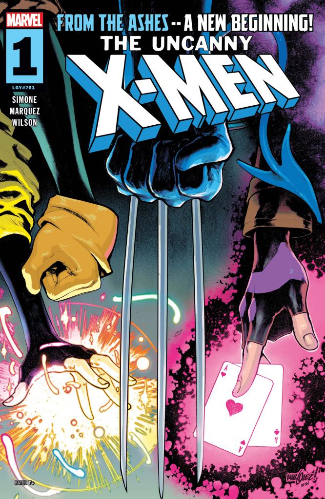 Comic book cover for “The Uncanny X-Men” issue #1. It features Wolverine’s fists with metal claws extended and Gambit holding a glowing ace of hearts card. The background is colorful, with bursts of light and energy with what seems to be Jubilee's hand. Text reads, "From the ashes - A new beginning!.