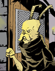 A humanoid creature with antennae, a mustache, and a robe stands in front of a wooden door with a metal mesh window. The scene is dimly lit by a candle on the wall in the background. The creature has an angry expression and is holding a fist up.